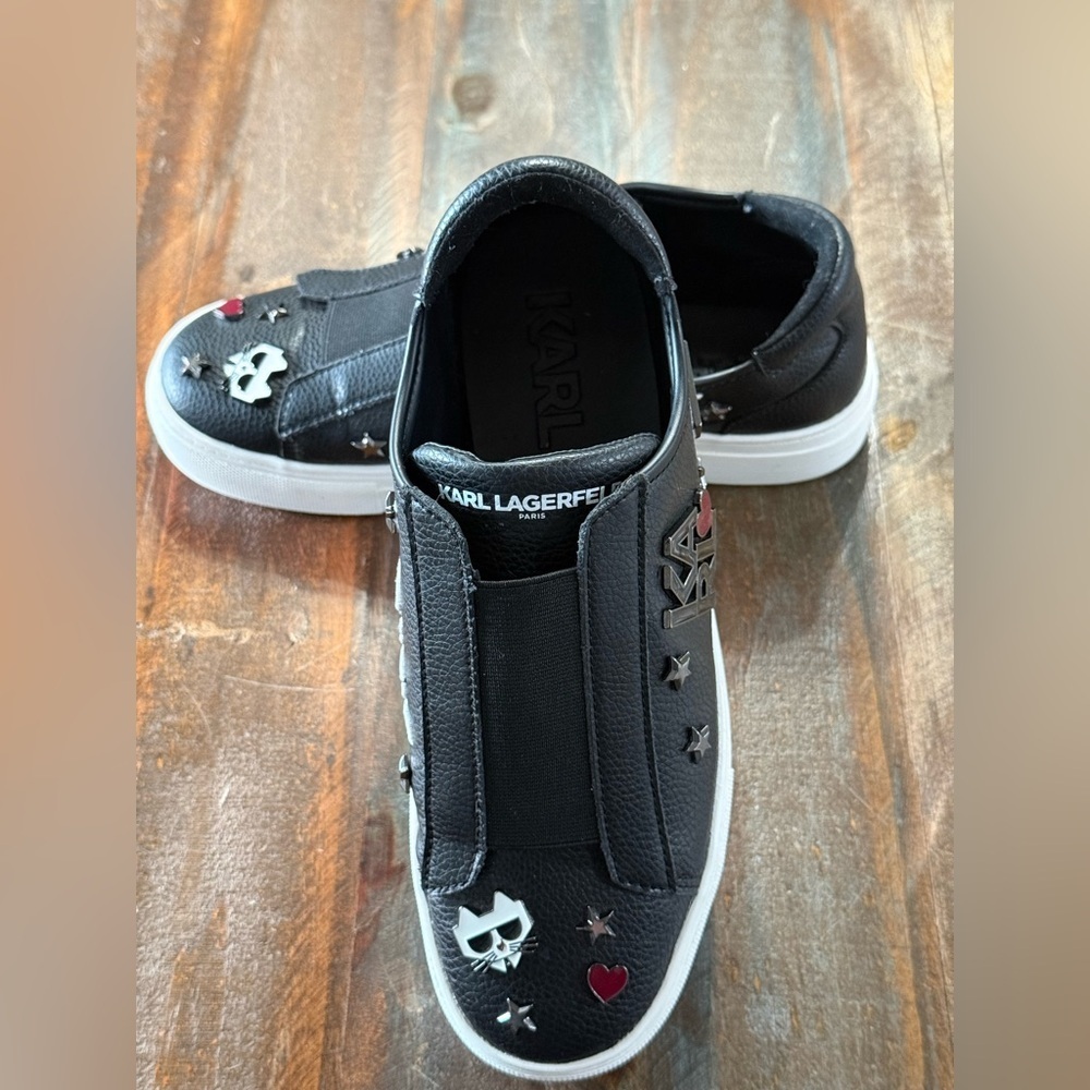 Karl Lagerfeld Paris Women’s Size 8 Caitie Black Leather Slip-On Sneakers EUC